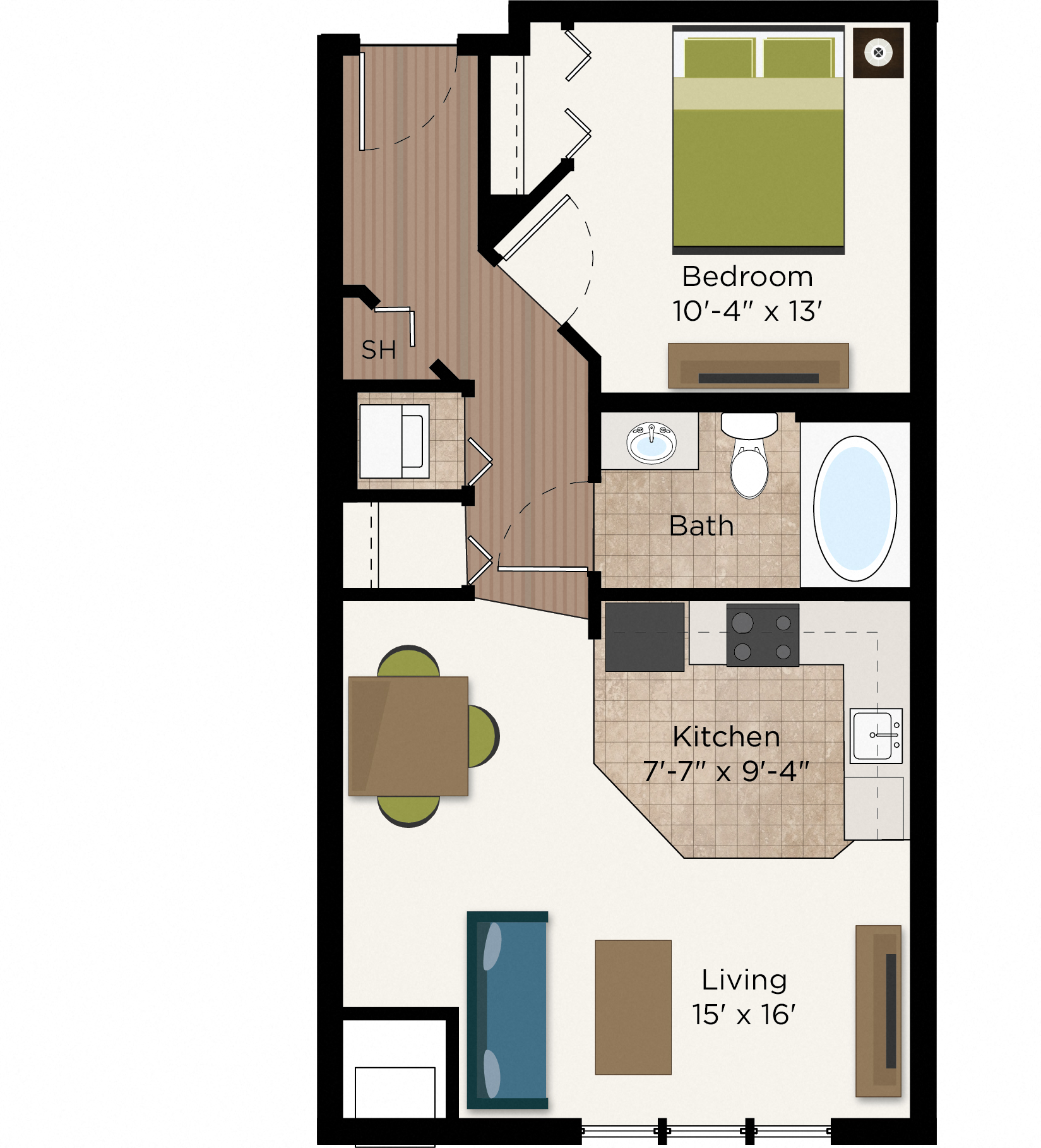 Floor plan for 1 bed, 1 bath, 622 sqft